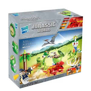 Detailed view of Jurassic dinosaur building block set packaging with 320 pieces for kids