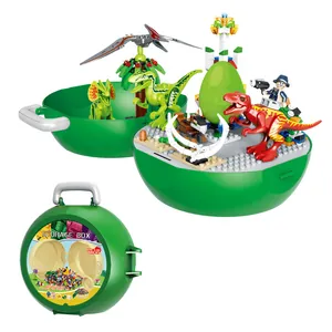Detail of Jurassic dinosaur building blocks set with green storage box and mini figures