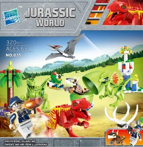 Detailed view of Jurassic dinosaur building block set packaging with 320 pieces and figures
