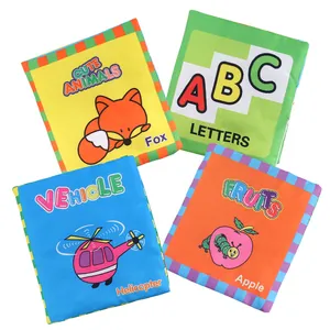 Baby Soft Cloth Book Early Learning Sensory Toy With Squeaker Crinkle Paper Animals Fruits Vehicles Letters Theme Washable Infant Educational Book