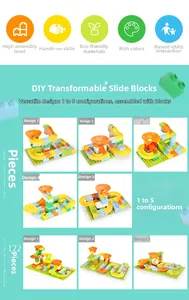 Detail view of 61 and 122 pieces DIY marble run building blocks with colorful slide tracks