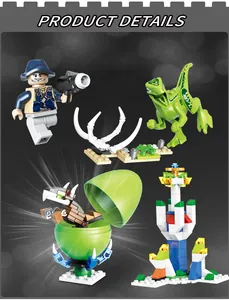 Detail view of dinosaur building block set with mini figure, green dinosaur, and egg shell