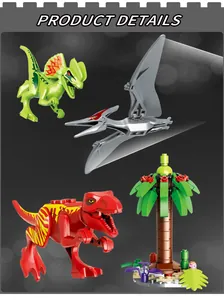 Detail of Jurassic dinosaur building block set with T-Rex Pterodactyl and palm tree