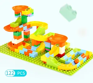 Detailed view of 122 pieces of colorful marble run building blocks for children