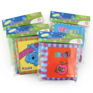 Set of four colorful baby cloth books featuring fruits, vehicles, and animals for toddlers