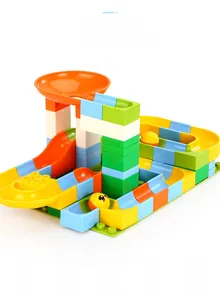 Close-up of colorful large particle marble run building blocks in five bright colors