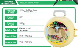 Detail of yellow round building block storage box with handle and product dimensions