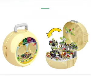 Portable military-themed block storage case showing both closed and open play scene modes