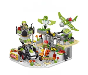 Detail of military toy set with soldier figures, all-terrain vehicle, and base scene
