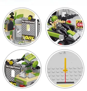 Macro detail of military toy blocks showing camouflage vehicles and armed figures