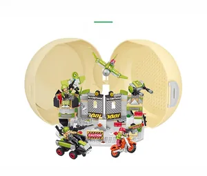 Detailed view of military block set with soldier figures, vehicles and storage egg case