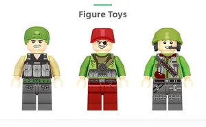 Detailed view of three military minifigures with tactical gear and helmets in varied colors