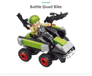 Detail of combat ATV building blocks set with soldier figure and weapon accessories