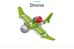 Close-up of small green and white drone building block model with detailed wing patterns