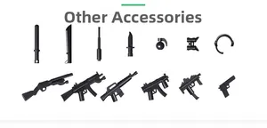 Detailed view of assorted miniature plastic tactical weapon accessories and tools