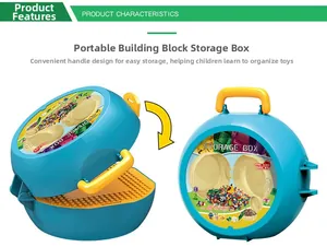 Blue portable building blocks storage box with yellow handle for kids toy organization