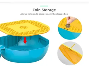 Blue and yellow dinosaur block storage box with building baseplate and coin slot