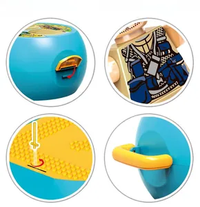 Detailed views of a blue dinosaur building block storage box with handle and buckle