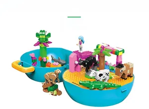Blue animal building blocks storage case with lion, elephant, and shark models inside
