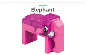 Detailed building block elephant toy in pink and purple colors on a white background