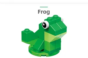 Close-up of a green frog building block model featuring detailed plastic brick construction