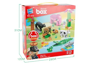Close-up of red storage box and building block figures including elephant and leopard