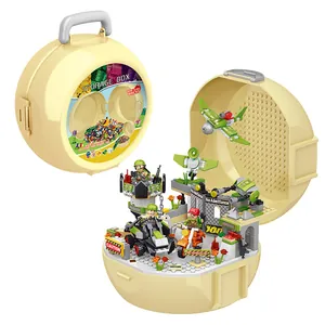 Portable round storage box with military building blocks featuring aircraft and soldiers