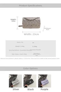 Detailed dimensions and color options for the quilted crossbody chain bag