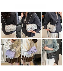 Quilted flap bag detail showing silver, purple, and black colors with chain straps