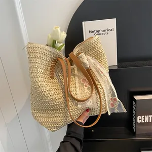 Women Summer Straw Woven Tote Bag Large Capacity Beach Shoulder Bag Floral Lace Ribbon Bohemian Vacation Travel Handbag