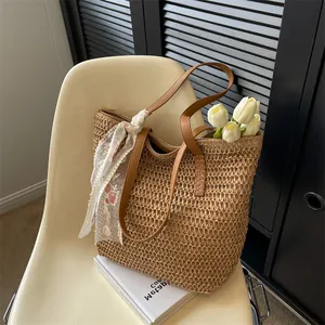 Large capacity straw tote bag with leather handles and lace scarf for summer beach vacation