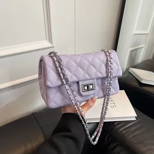 Women Quilted Chain Shoulder Bag Rhombus Pattern PU Leather Crossbody Bag With Metal Lock Elegant Evening Party Handbag