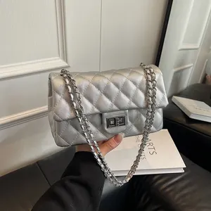Silver quilted crossbody bag with metallic chain strap and twist lock on leather background