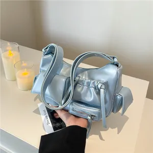 Women Retro PU Leather Motorcycle Shoulder Bag Multi-Pocket Y2K Underarm Crossbody Bag For Street Fashion Commuting