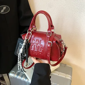 Women PU Leather Boston Handbag Embossed Letter Shoulder Bag With Charms Chic Commuter Pillow Crossbody Bag Stylish Purse