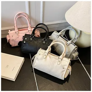 Litchi pattern leather handbags with metal rivets in pink, black, grey and white