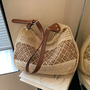 Large Capacity Straw Woven Shoulder Bag Hollow Mesh Patchwork Design Adjustable PU Leather Strap Vacation Beach Tote Bag