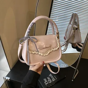 Women PU Leather Polyester Lining Sweet Small Square Shoulder Bag Bow Lace Trim Ribbon Handle Korean Style Crossbody Purse