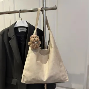Large capacity suede shoulder tote bag in beige gray with cute brown teddy bear charm