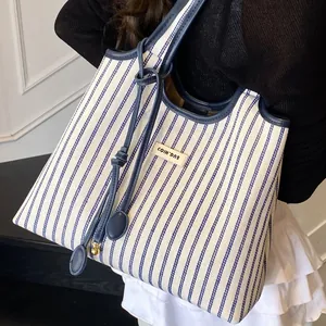 Women Striped Canvas Tote Bag Large Capacity Casual Shoulder Bag With Leather Trim Vertical Stripe Fashion Handbag Work