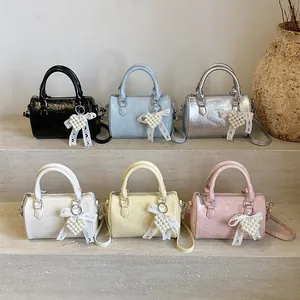Mini Boston bag set in six colors with pearl heart charms and crossbody straps