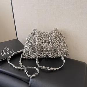 Sac Bandoulière Perlé Tissé à la Main Style Français Luxe Argent Design Ajouré Acrylique Sacoche Femme Mode Été Tendance