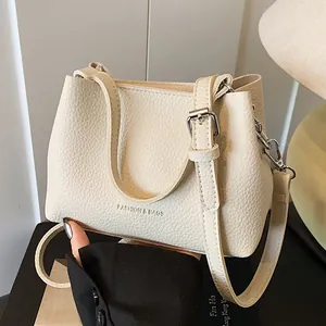Sac Bandoulière Seau en PU Vintage pour Femmes Texture Litchi Couleur Unie Bandoulière Réglable Sac à Main Quotidien