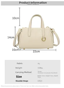 Detailed size guide for PU handbag showing height 14cm width 22cm and shoulder strap 120cm