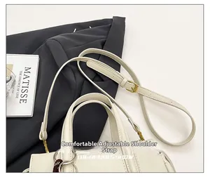 Close-up of the comfortable adjustable strap and gold hardware on the white leather bag