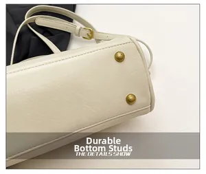 Close-up of durable metal base studs and premium faux leather texture of the handbag