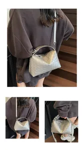 Détails de la texture tissée argentée et des finitions métalliques d'un sac à main
