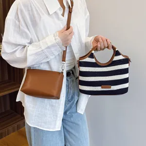 Chic striped knit tote bag and brown leather shoulder bag set for women stylish accessories