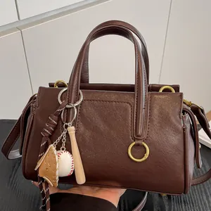 Women Fashion PU Leather Boston Bag Stylish Handbag Shoulder Crossbody Bag With Baseball Pendant For Daily Commuting