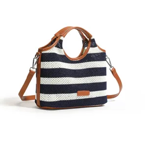Knitted nautical stripe tote bag with brown faux leather trim and detachable shoulder strap
